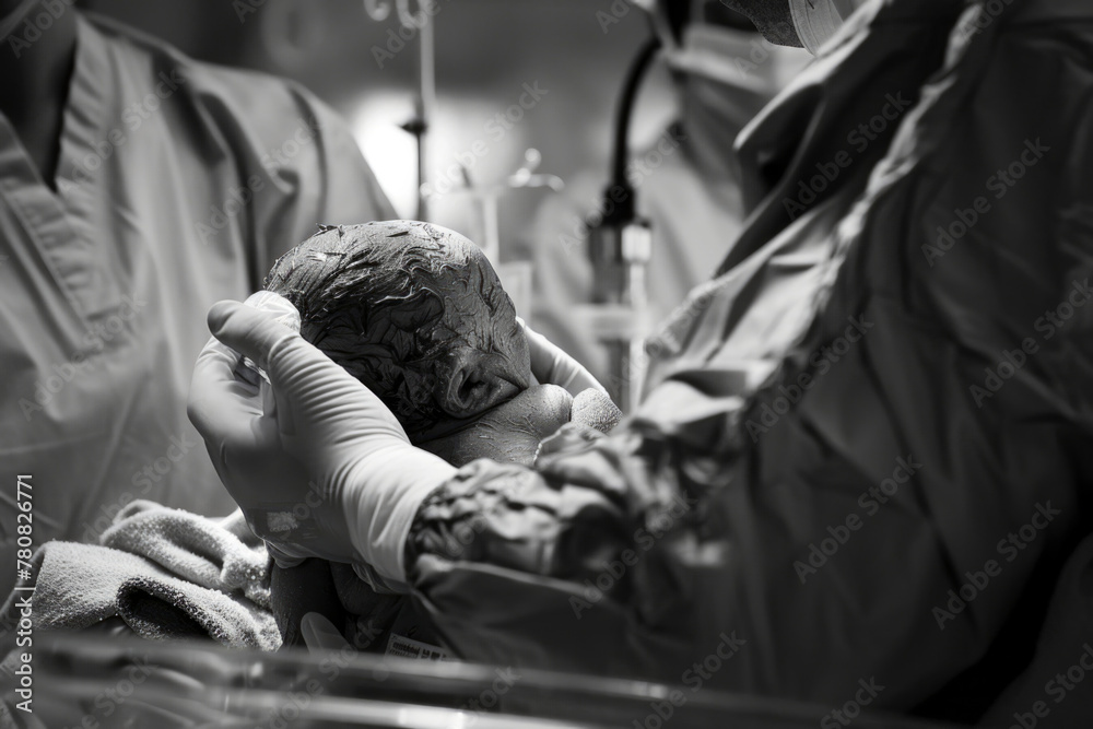 Fototapeta premium Newborn Baby's First Moments with Doctor in Operating Room. World Prematurity day 17 november. Prematurity awareness month