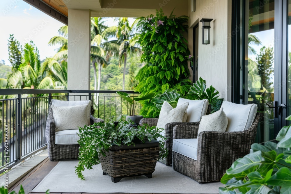 a stylish balcony is adorned with elegant furniture and lush greenery, creating a serene outdoor retreat
