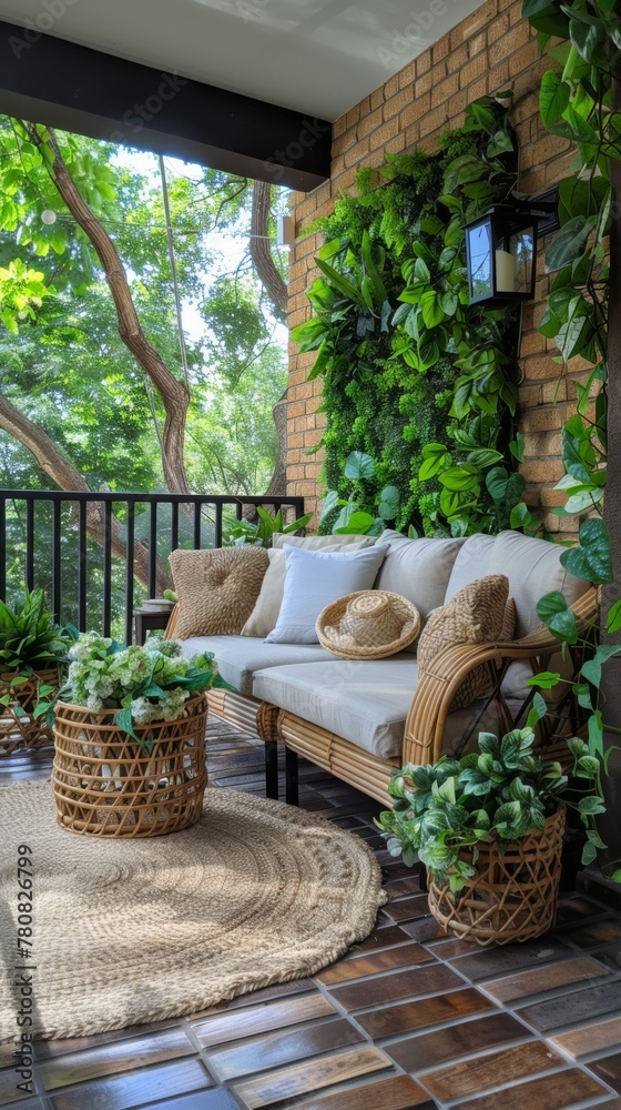 Fototapeta premium a stylish balcony is adorned with elegant furniture and lush greenery, creating a serene outdoor retreat 