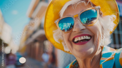 A woman of age, sunglasses, close-up. rejoices in the life of pensioners.  photo