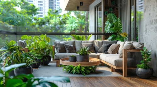 a stylish balcony is adorned with elegant furniture and lush greenery, creating a serene outdoor retreat  © cff999