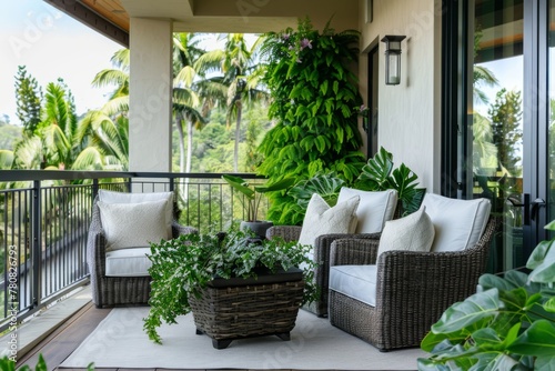 a stylish balcony is adorned with elegant furniture and lush greenery, creating a serene outdoor retreat 