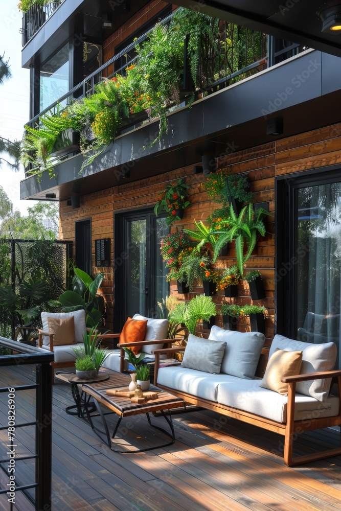Fototapeta premium a stylish balcony is adorned with elegant furniture and lush greenery, creating a serene outdoor retreat 