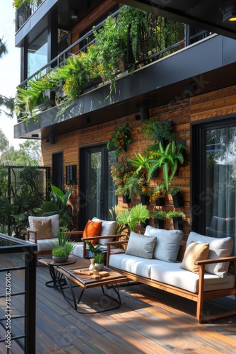 a stylish balcony is adorned with elegant furniture and lush greenery, creating a serene outdoor retreat 