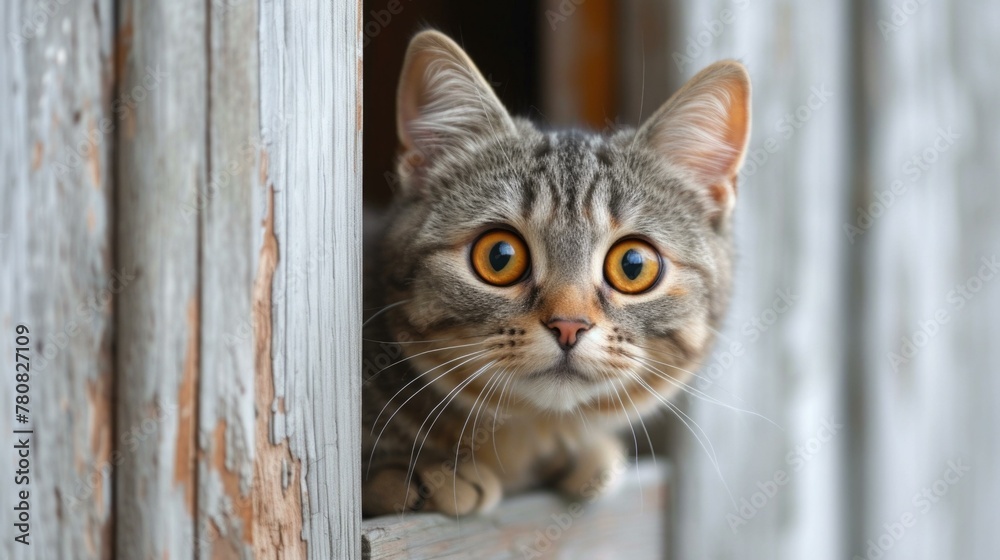 A cat peeks out from a window. Generative AI. A cat peeks out from a window. Generative AI.