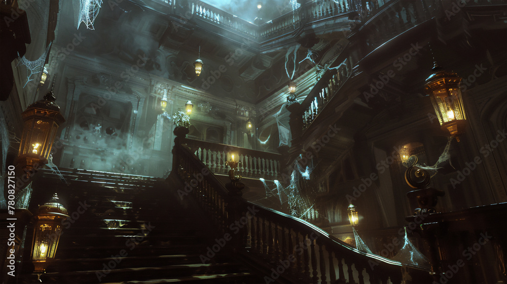Creepy Old Haunted Mansion with a Big Staircase, Dimly Lit, Lots of Lanterns, Cobwebs, and Dust.