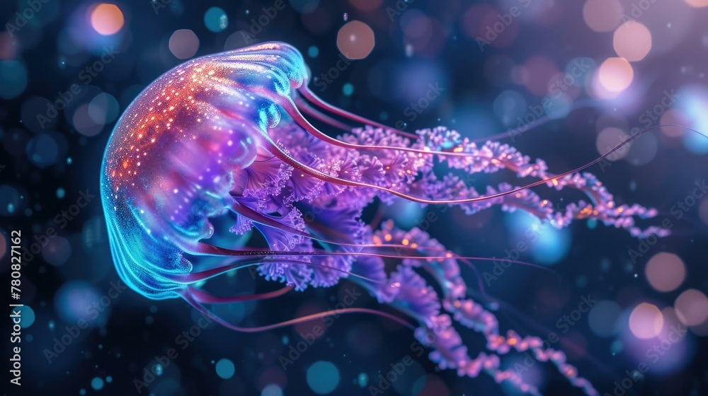 A jellyfish floating in the water with lights. Generative AI.