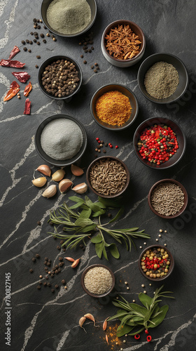 Assorted Spices and Herbs in Bowls on Black Surface