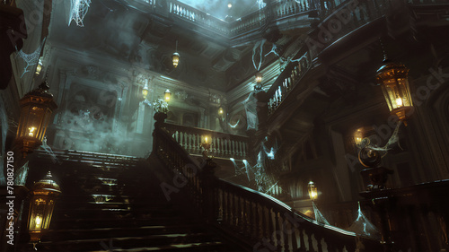 Creepy Old Haunted Mansion with a Big Staircase, Dimly Lit, Lots of Lanterns, Cobwebs, and Dust. © Yuriy Maslov