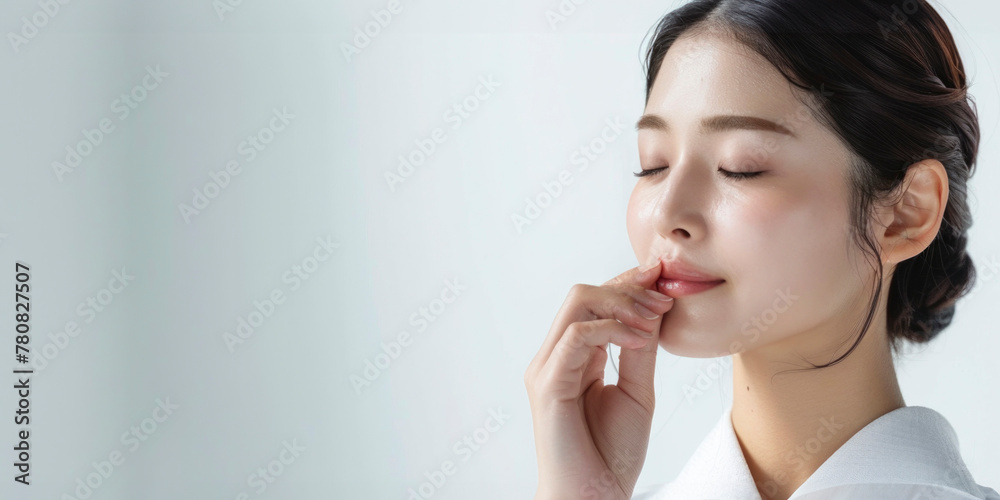A woman enjoying her skincare routine with a serum, conveying a message of beauty and wellness A woman enjoying her skincare routine with a serum, conveying a message of beauty and wellness