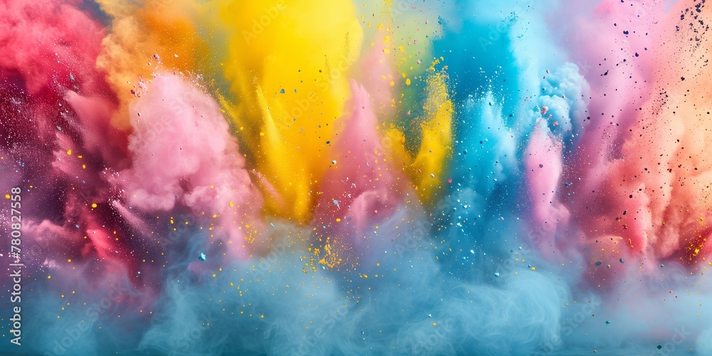 Colorful rainbow paint color powder explosion isolated white wide panorama background