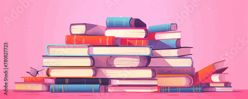 Pile of books for reading. Stack of various textbooks in hardcover, open notebook on a pink background. World book day. Literature, education concept. Isolated flat vector illustration