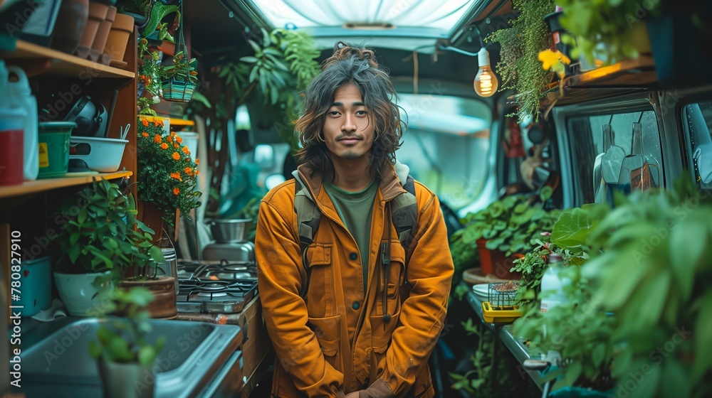 A man in an orange jacket stands in front of a plant nursery