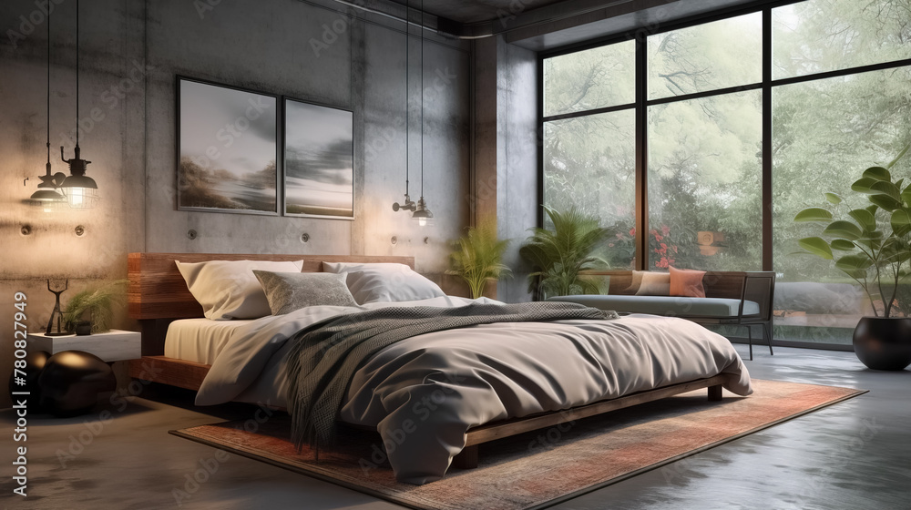 Beautiful Industrial style bedroom with raw concrete walls Beautiful Industrial style bedroom with raw concrete walls