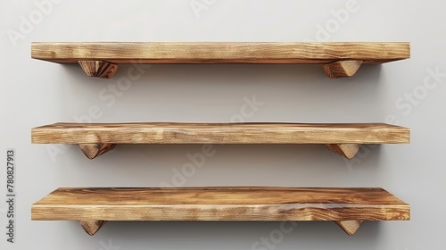 Collection of wood shelves vectorized and isolated on a wall background. photo