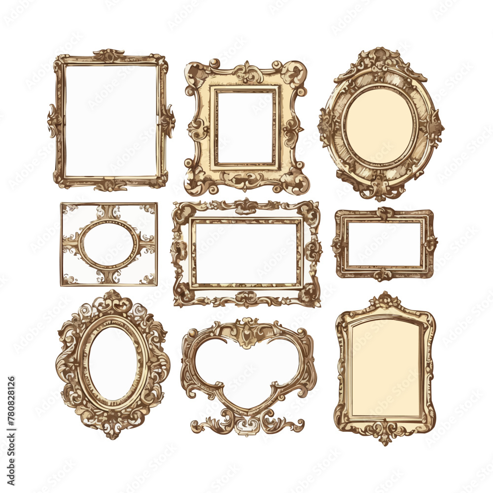 Empty picture frames in vintage victorian style. Antique classic carved frameworks set. Ornament borders, retro decorations for painting, photo. Flat vector illustration isolated on white background