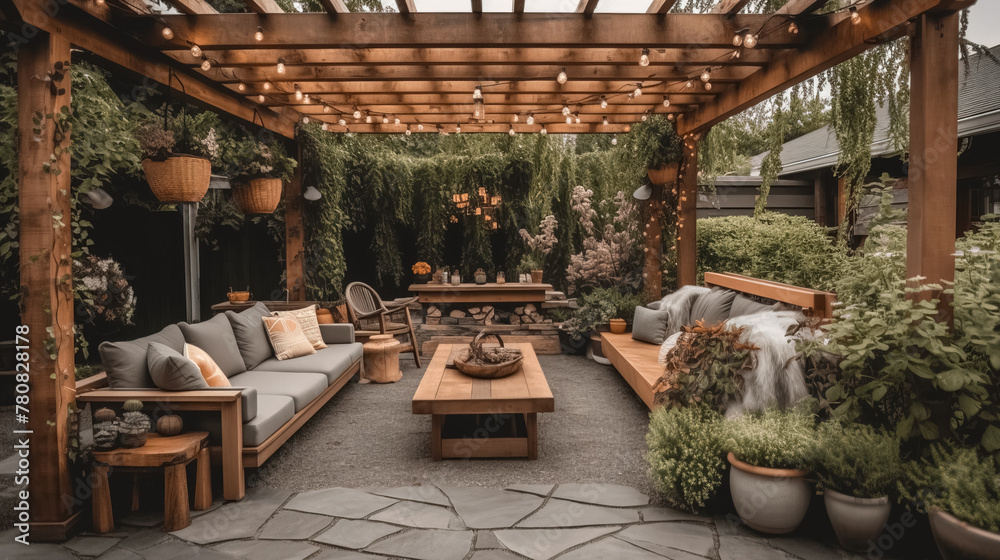 Fototapeta premium Beautiful outdoor living area with a pergola