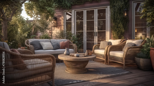 Beautiful backyard patio area with wicker furniture set © lali