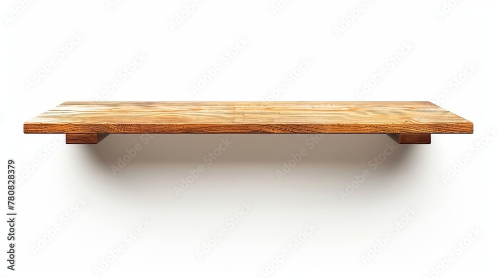 Empty wooden wall shelf presented against a white background. Empty wooden wall shelf presented against a white background.
