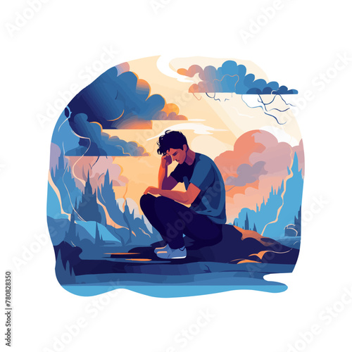 Depressed sad man thinking over problems. Bankruptcy, loss, crisis, burnout syndrome, relationship trouble concept. Vector illustration.