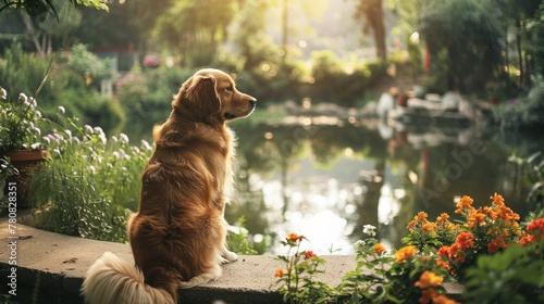 A dog sits on a ledge overlooking a pond surrounded by flowers and trees. photo