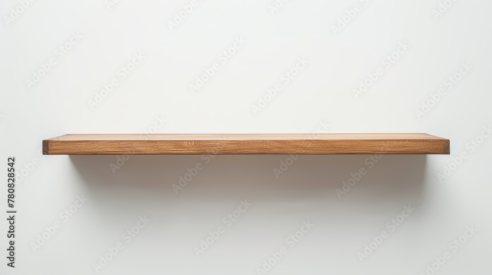 Empty wooden wall shelf presented against a white background. Empty wooden wall shelf presented against a white background.