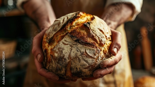 A man in an apron holds a round loaf of bread with both hands. The bread has a rustic crust and is coated in flour.