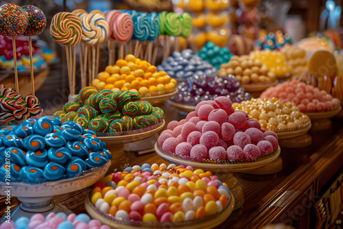 Lollipops in all different kinds of colors alongside trays upon trays of candy in all shapes, colors and sizes photo