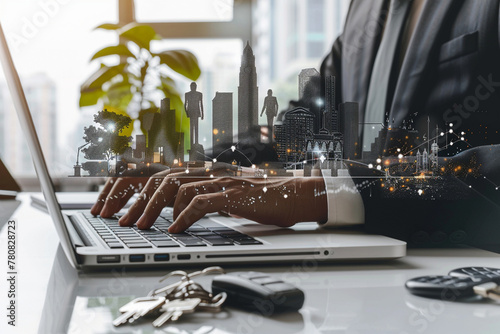 A business professional is typing on their laptop, with digital illustrations of people and buildings floating above the keyboard. The person is wearing formal attire 