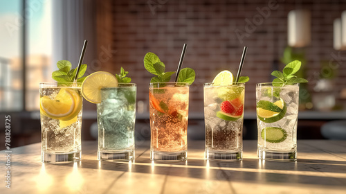 Fresh cocktail drinks with ice fruit and herb decoration