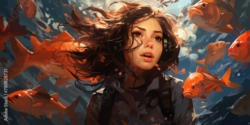 young woman diving with a school of fish in the sea, digital art style, illustration painting