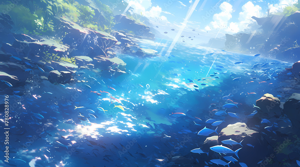 Sparkling Underwater View with Fishes and Sunlight illustration