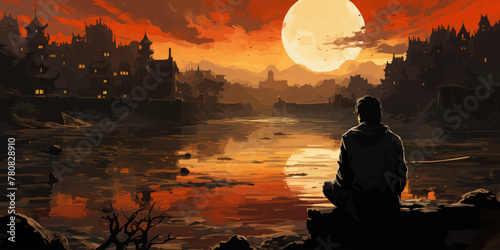young man sits on a boat looking at the flooded abandoned city, digital art style, illustration painting