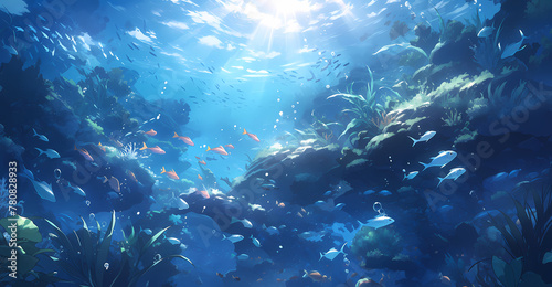 Enchanted Underwater Landscape with Sunrays and Fish School