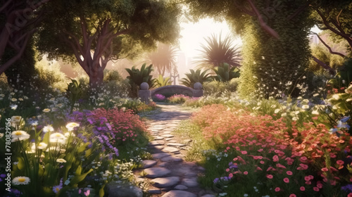 Beautiful Fabulous mystical Paradise Garden, mysterious Fairy Tale Summer floral Background