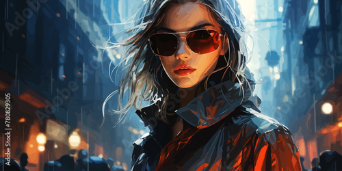 woman with futuristic mask standing in the cyberpunk city, digital art style, illustration painting
