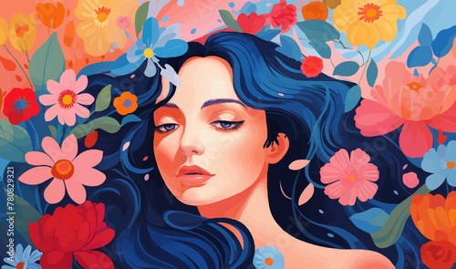 Woman with flower colorful illustration background mental health lifestyle selfcare concept