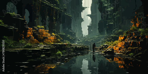 woman walks on a branch on a stream and looks at the monoliths in the forest  digital art style  illustration painting