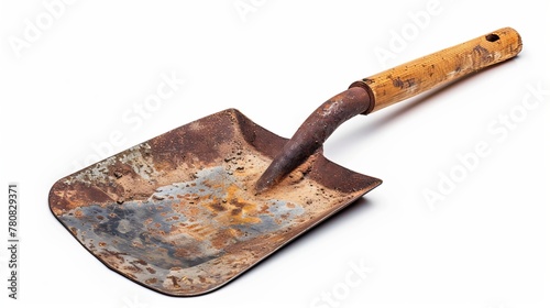 Image of a rusty old shovel with a wooden handle, isolated on a white background.