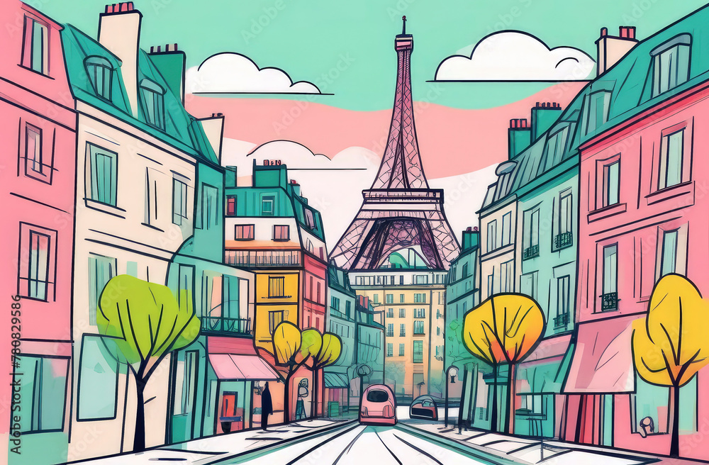 whimsically illustrated Parisian street features iconic Eiffel Tower amidst colorful buildings and trees. It exudes charm and captures romantic atmosphere of city. travel concept. whimsically illustrated Parisian street features iconic Eiffel Tower amidst colorful buildings and trees. It exudes charm and captures romantic atmosphere of city. travel concept.