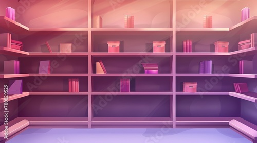 Infographic template illustrating empty store shelves for products. Realistic depiction of shop interior elements.