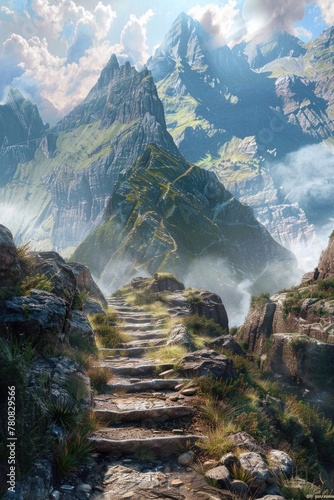 A picturesque painting of a rocky path in the mountains. Ideal for travel brochures or outdoor adventure websites