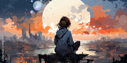 woman sitting outside against the futuristic city scene in the background vector flat bright colors