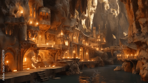 Underground city with river and rooms, fantasy of lost cave town