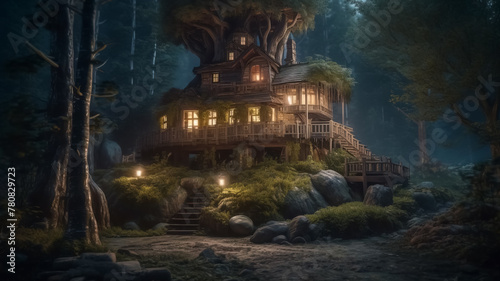 Fantasy house in forest, fairytale home in tree trunk at night © lali