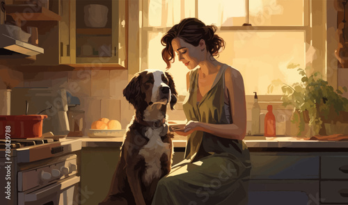 Woman in kitchen with dog pet illustration background