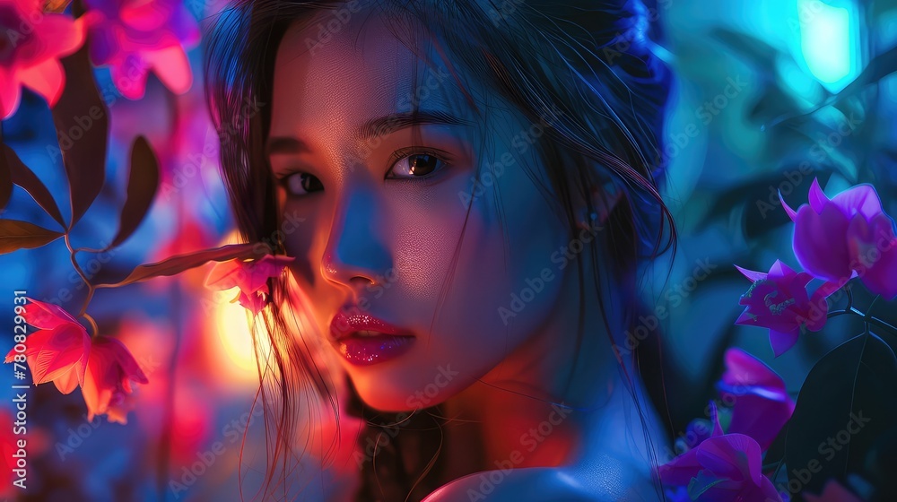 Fantasy Asian Woman: A Lovely Girl Amidst Chimeric Flower Background Illuminated by Neon Light