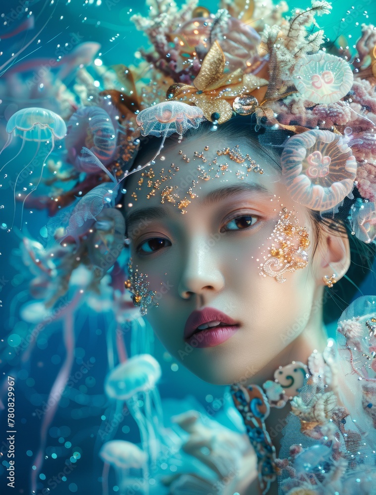 beautiful Asian woman wearing jellyfish as hair