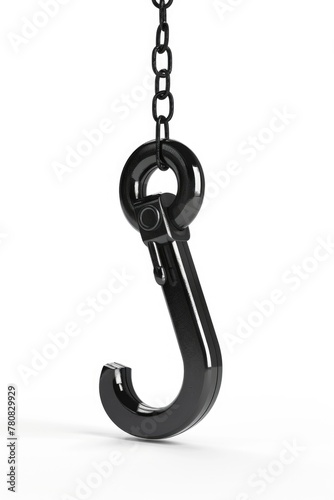 Black hook hanging from a chain on a white background. Suitable for industrial and minimalistic design projects