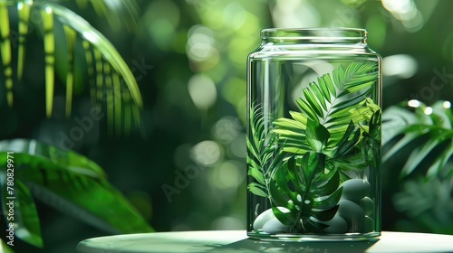 Natural Beauty Product Display: Glass Container Capsule with Green Leaves, Jungle or Summer Concept